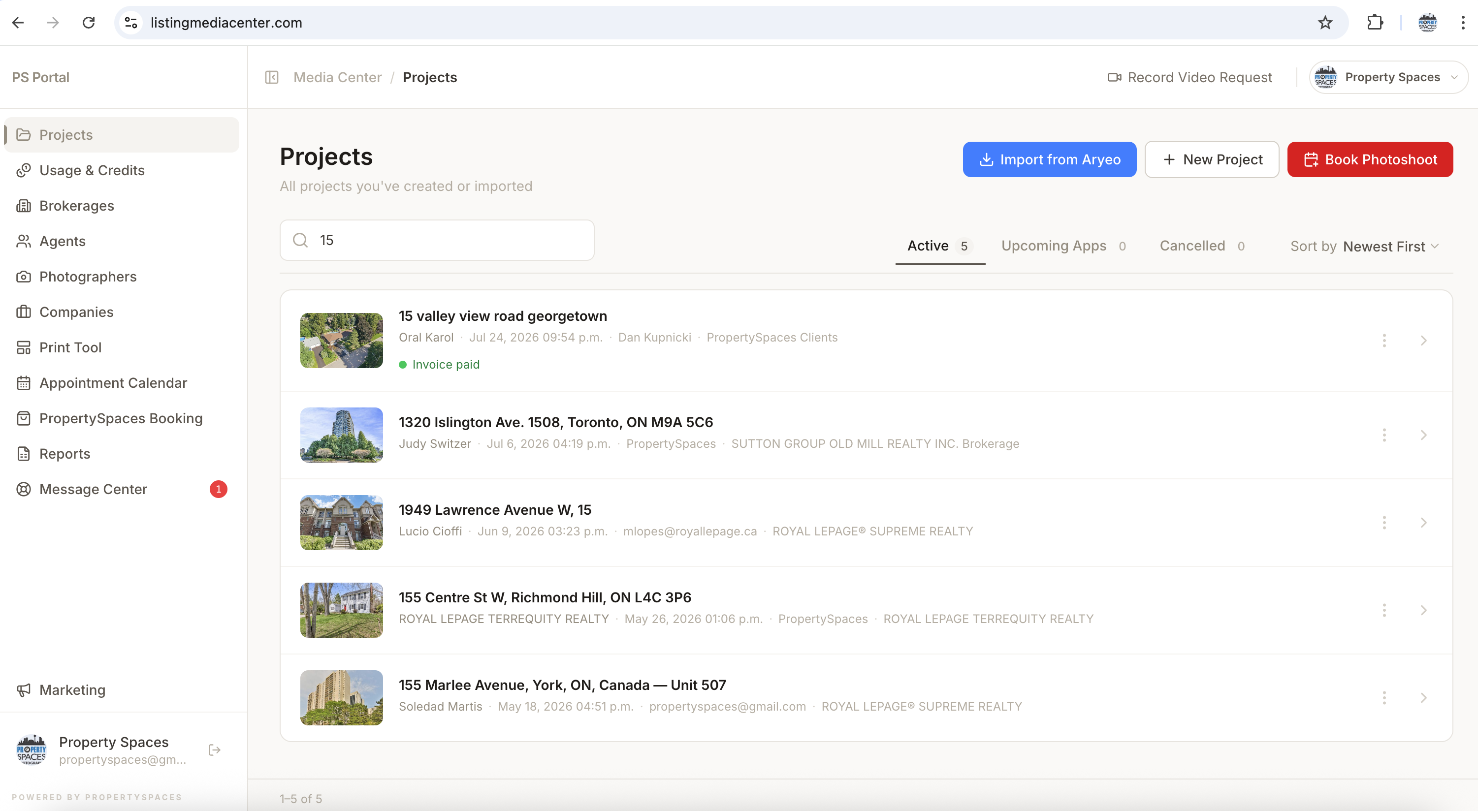 Listing Media Center — projects dashboard